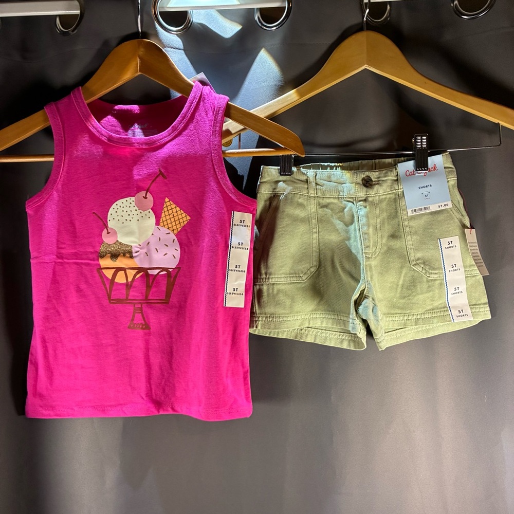 Cat & Jack Pink Ice Cream Tank Top and Green Shorts Set